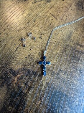 Gold Plated Sterling Silver Cross Necklace and Earrings Sapphire- Women Jewelry